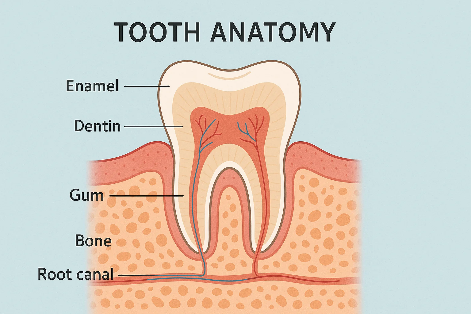 Complete Tooth Anatomy Diagram Showing Enamel, Dentin, Pulp and Roots